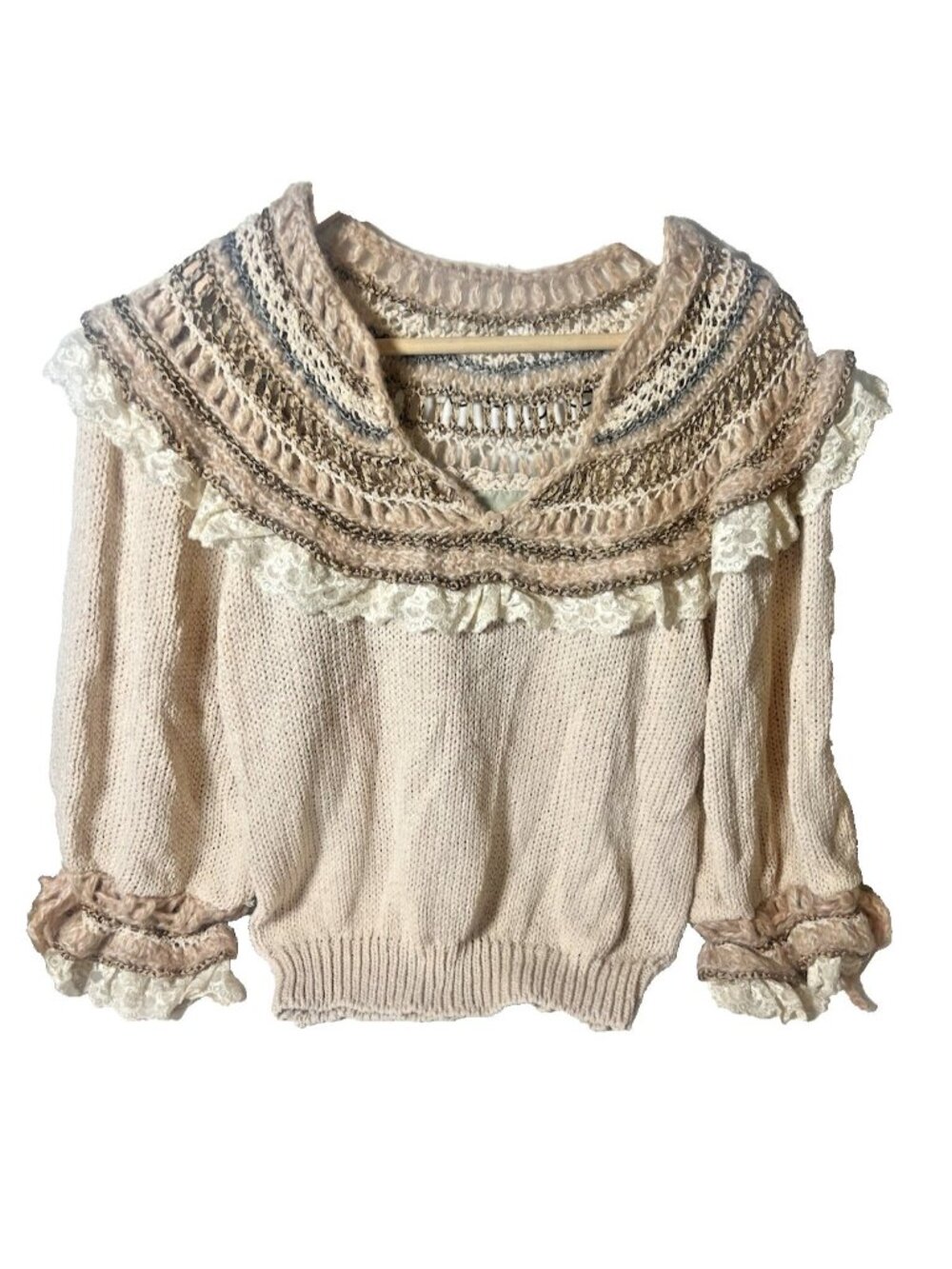 Ann Wi Vintage Knit Sweater  Lace Trim Sleeve Cottagecore Prairie Women’s Sz L